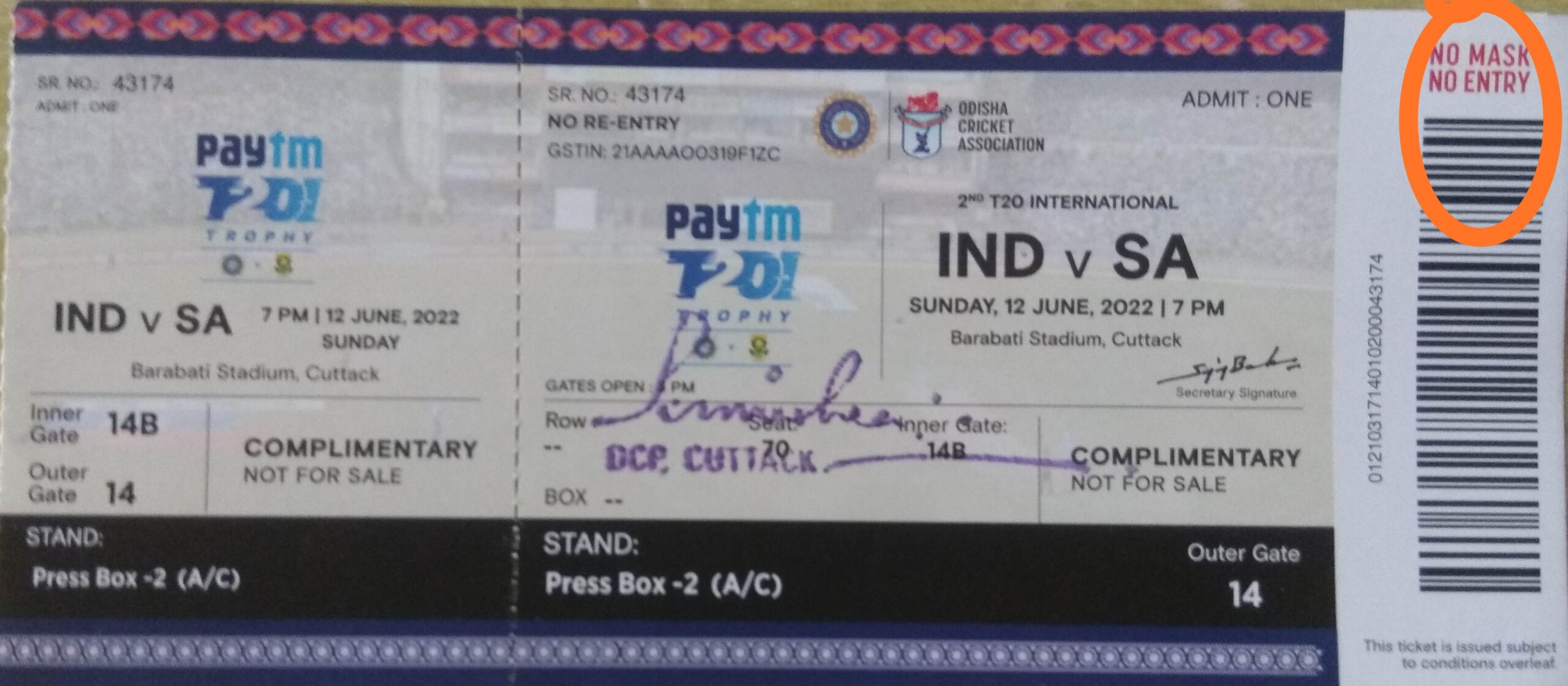 India vs SA T20I at Barabati: no entry without mask, said DCP cuttack.